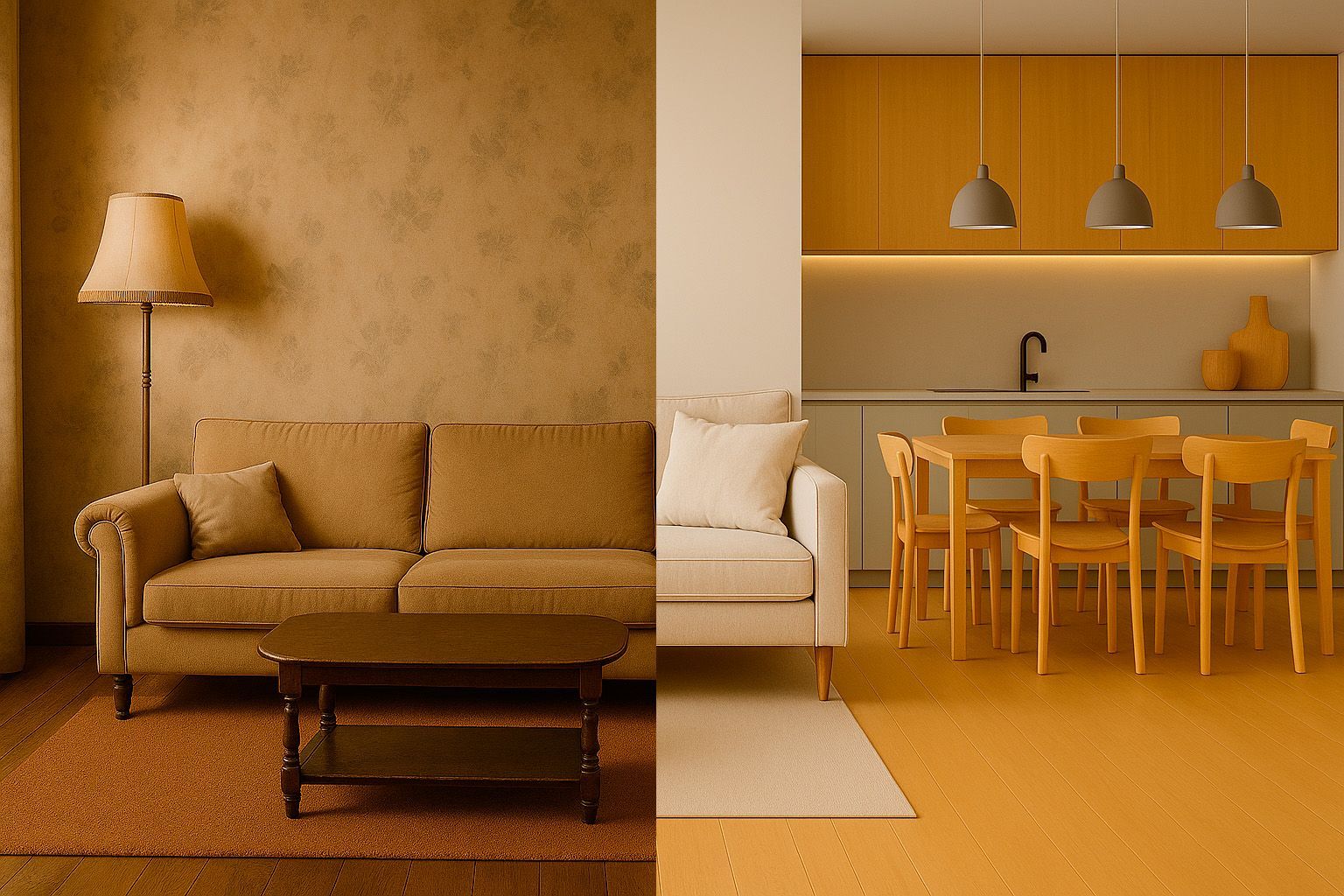 Una sala de estar y una cocina están separadas por una pared.