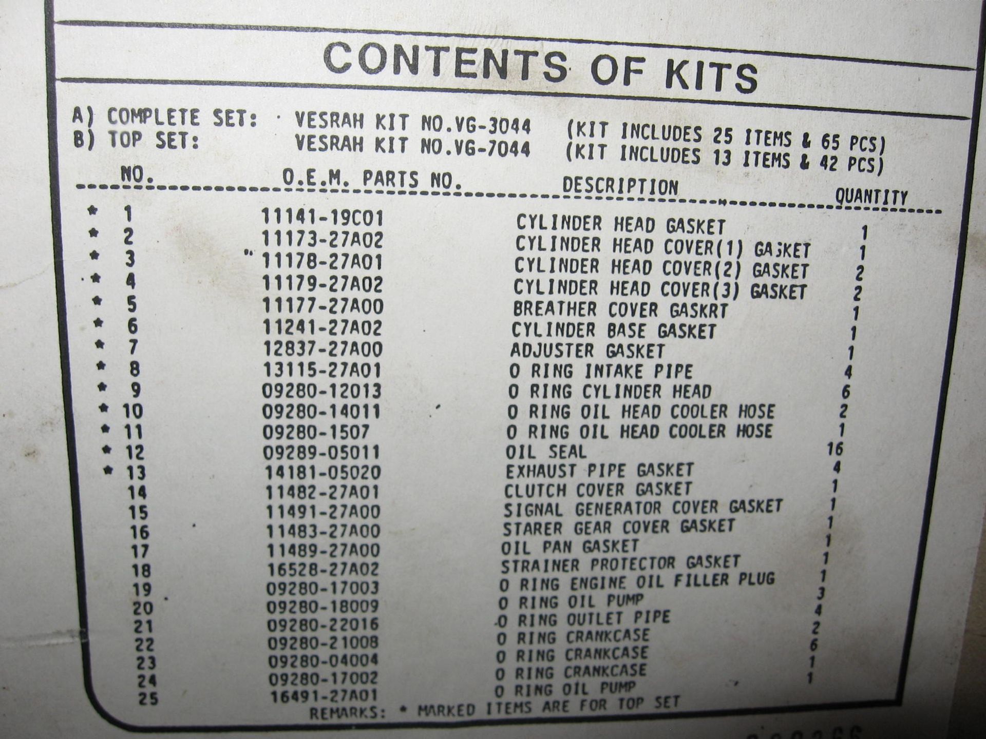 pakkingset full set zonder kleppendekselpakking // gsx600f 1988-90 vesrah vg-3044