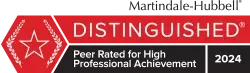 A red sign that says distinguished peer rated for high professional achievement.