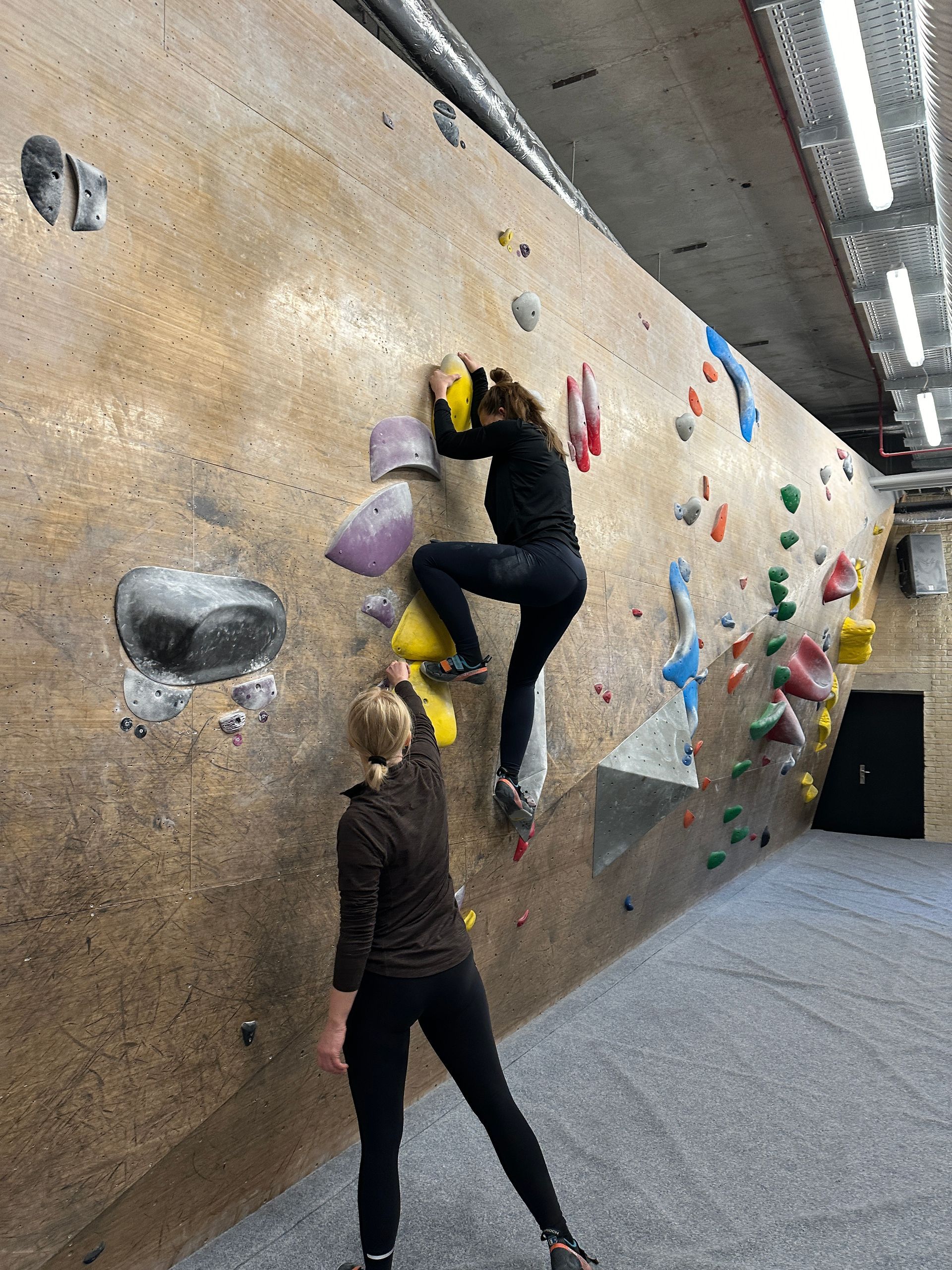 To personer boulderer indendørs. Den ene klatrer op ad en tekstureret væg med farverige greb; den anden ser på nedenfor.