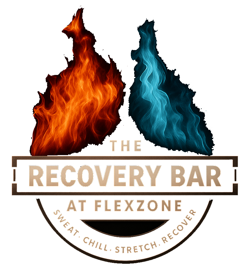 Logo: The Recovery Bar at Flexzone with flames, text, and a tagline.