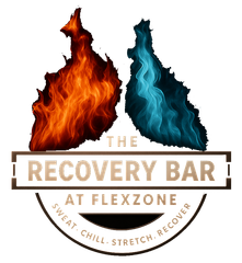 Logo: The Recovery Bar at Flexzone with flames, text, and a tagline.