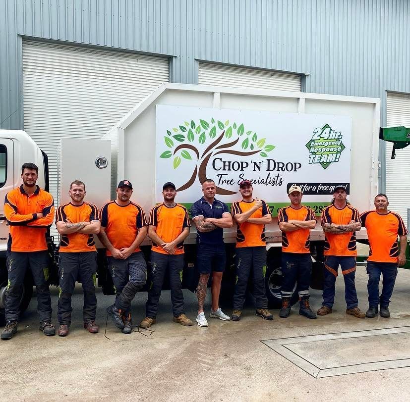 A Team of Tree Specialists in Orange Shirts and Work Pants — Chop n Drop Tree Specialists in Warners Bay, NSW