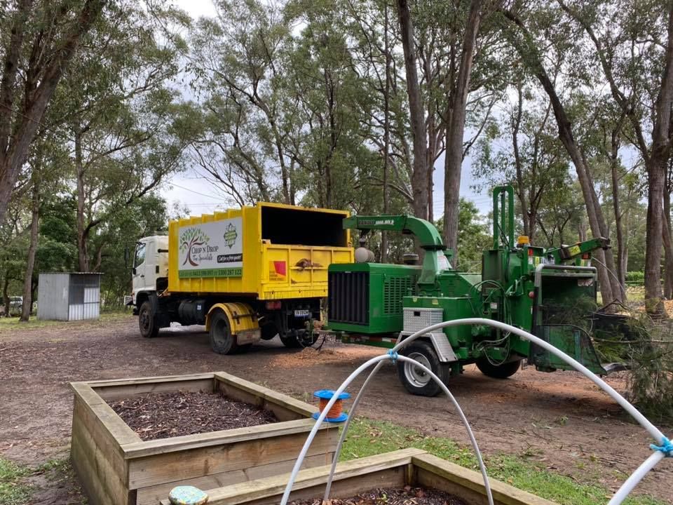 Yellow Truck and Green Wood Chipper in a Wooded Area — Chop n Drop Tree Specialists in Belmont, NSW