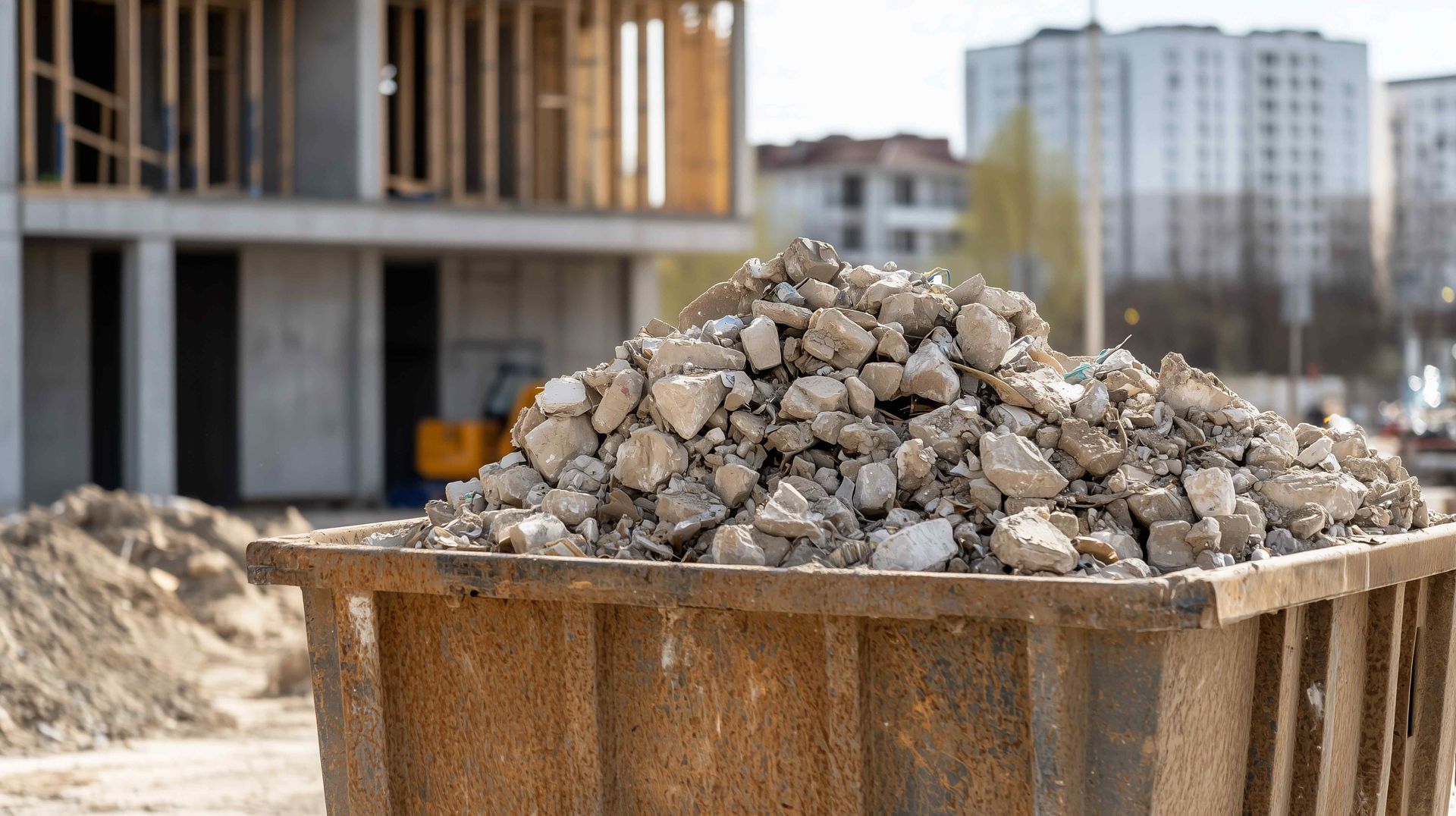 A dumpster filled with rocks is sitting in front of a building under construction.