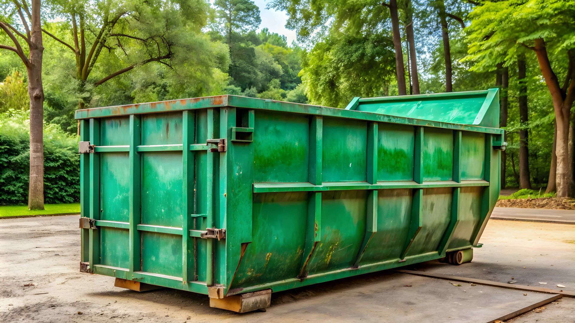 A large green dumpster is parked in a parking lot.