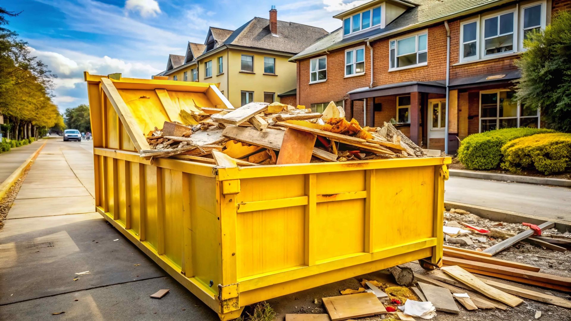 A yellow dumpster filled with wood is on the side of the road in front of a row of houses.