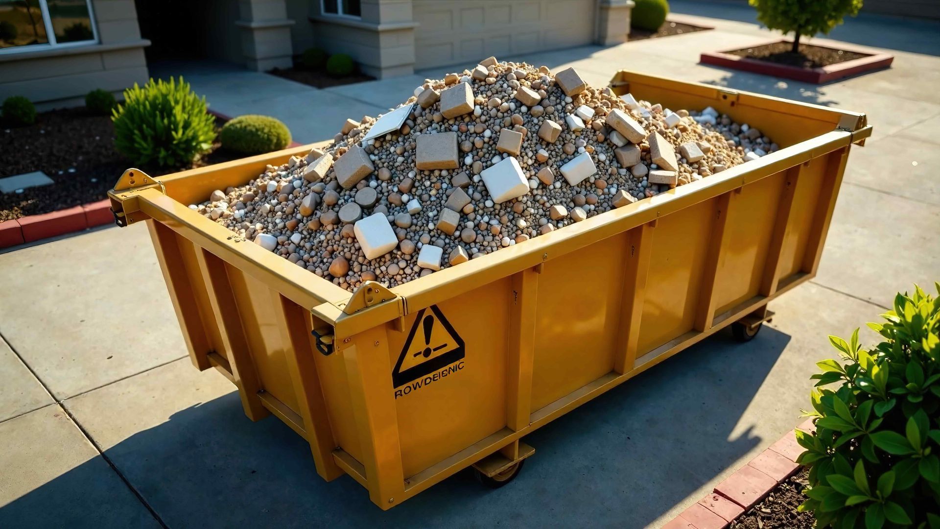 A large yellow dumpster filled with rocks is parked on the sidewalk in front of a house.