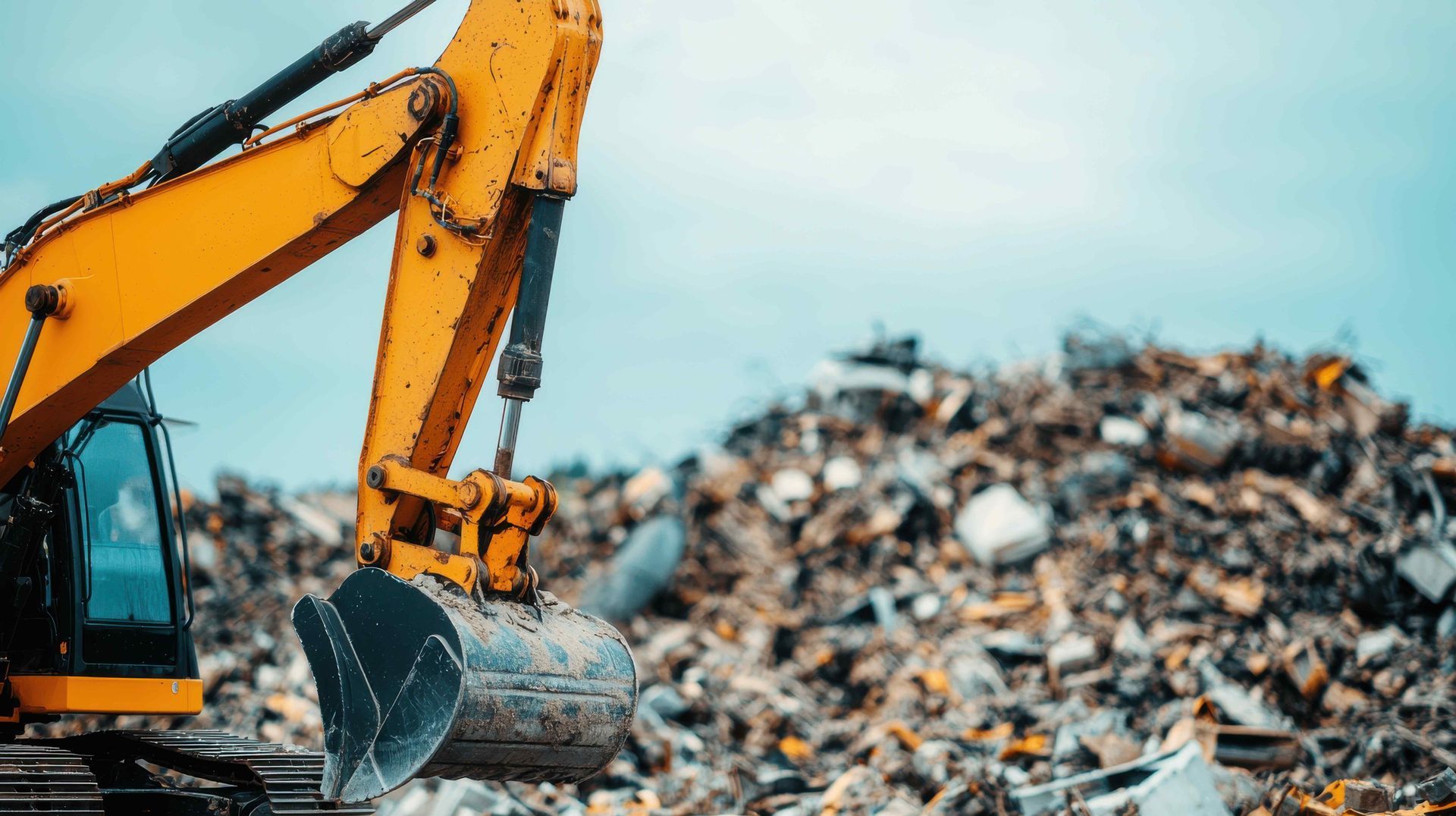 A yellow excavator is digging in a pile of trash.