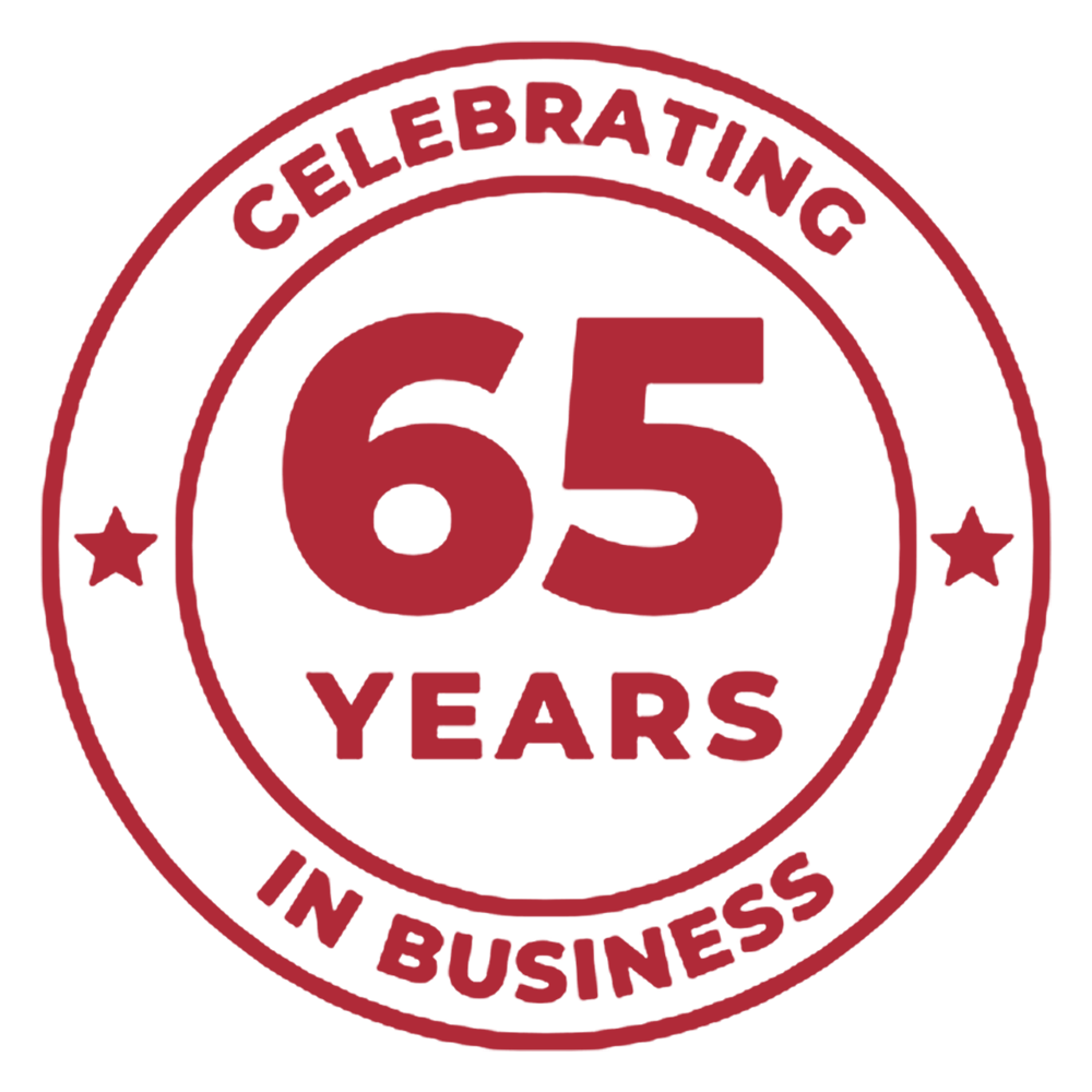 Red circular graphic celebrating 65 years in business, with text and stars.