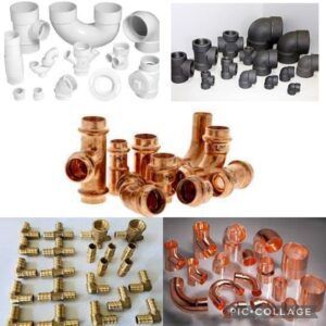 Assortment of plumbing pipe fittings: PVC, black iron, copper, and brass connectors.