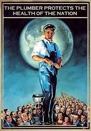 Plumber in overalls, holding a wrench,