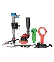 Toilet repair kit with various colored plastic components and tools on a white background.