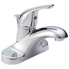 Chrome-colored bathroom faucet with a single handle and curved spout, likely for a sink.