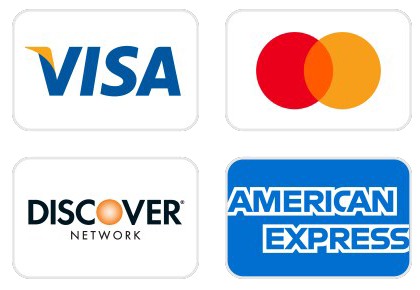 Logos for Visa, Mastercard, Discover, and American Express credit cards.