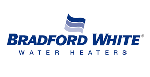 Bradford White Water Heaters logo with blue text and a flag symbol.