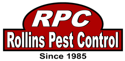 Logo for Rollins Pest Control, red and white. Top: "RPC" in an oval. Bottom: "Rollins Pest Control, Since 1985".