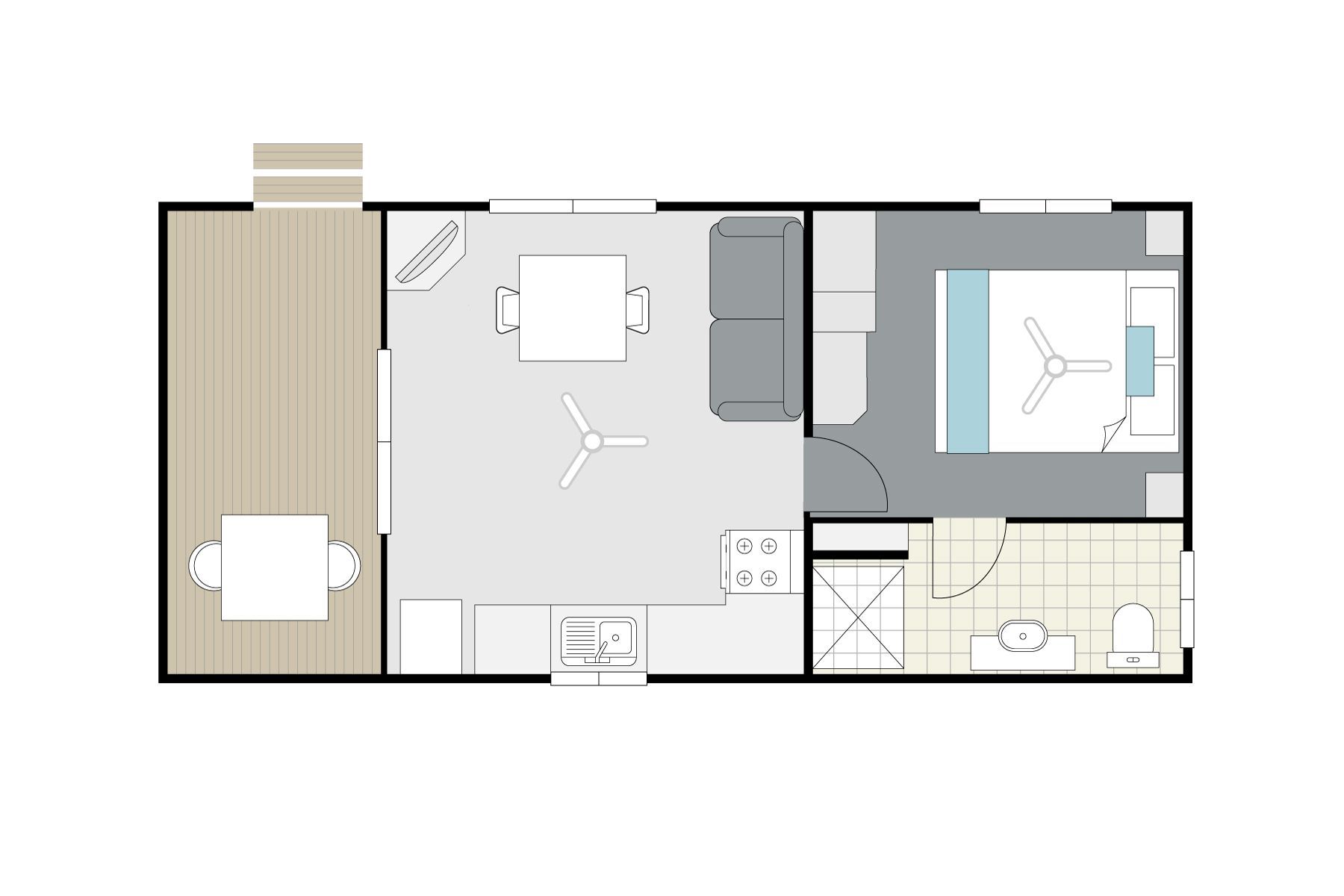 a floor plan of Apex Riverbeach Holiday Park cabin with bed , couch , table and chairs , kitchen , ensuite bathroom , outdoor dining , deck , television , fans