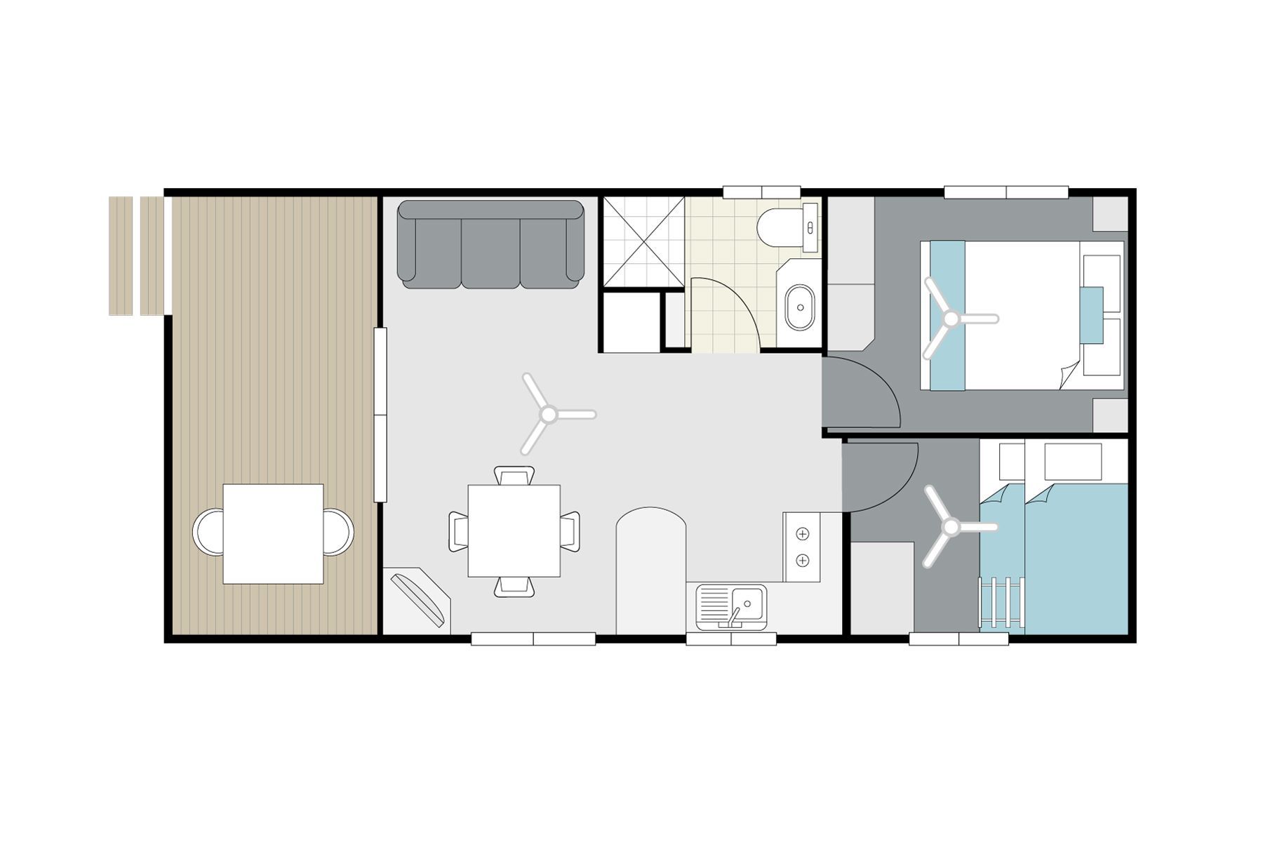 a floor plan of Apex Riverbeach Holiday Park cabin with beds , couch , table and chairs , kitchen , ensuite bathroom , outdoor dining , deck , television , fans