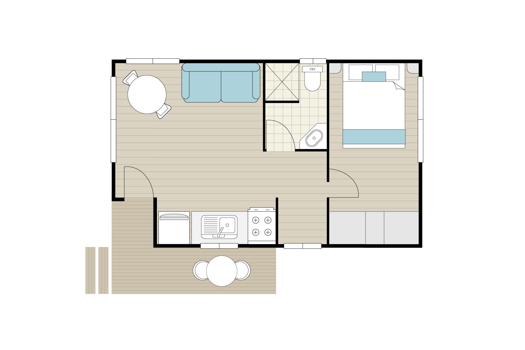 a floor plan of Apex Riverbeach Holiday Park cabin with bed , couch , table and chairs , kitchen , ensuite bathroom
