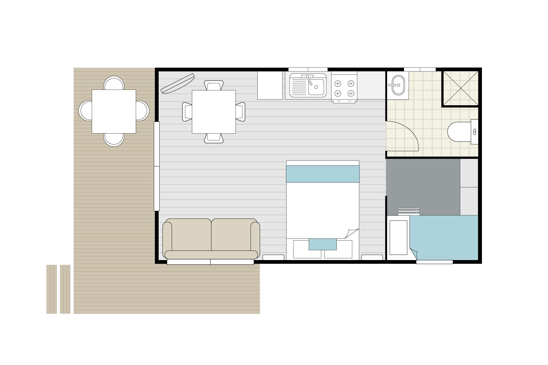 a floor plan of Apex Riverbeach Holiday Park cabin with beds , couch , table and chairs , ensuite bathroom