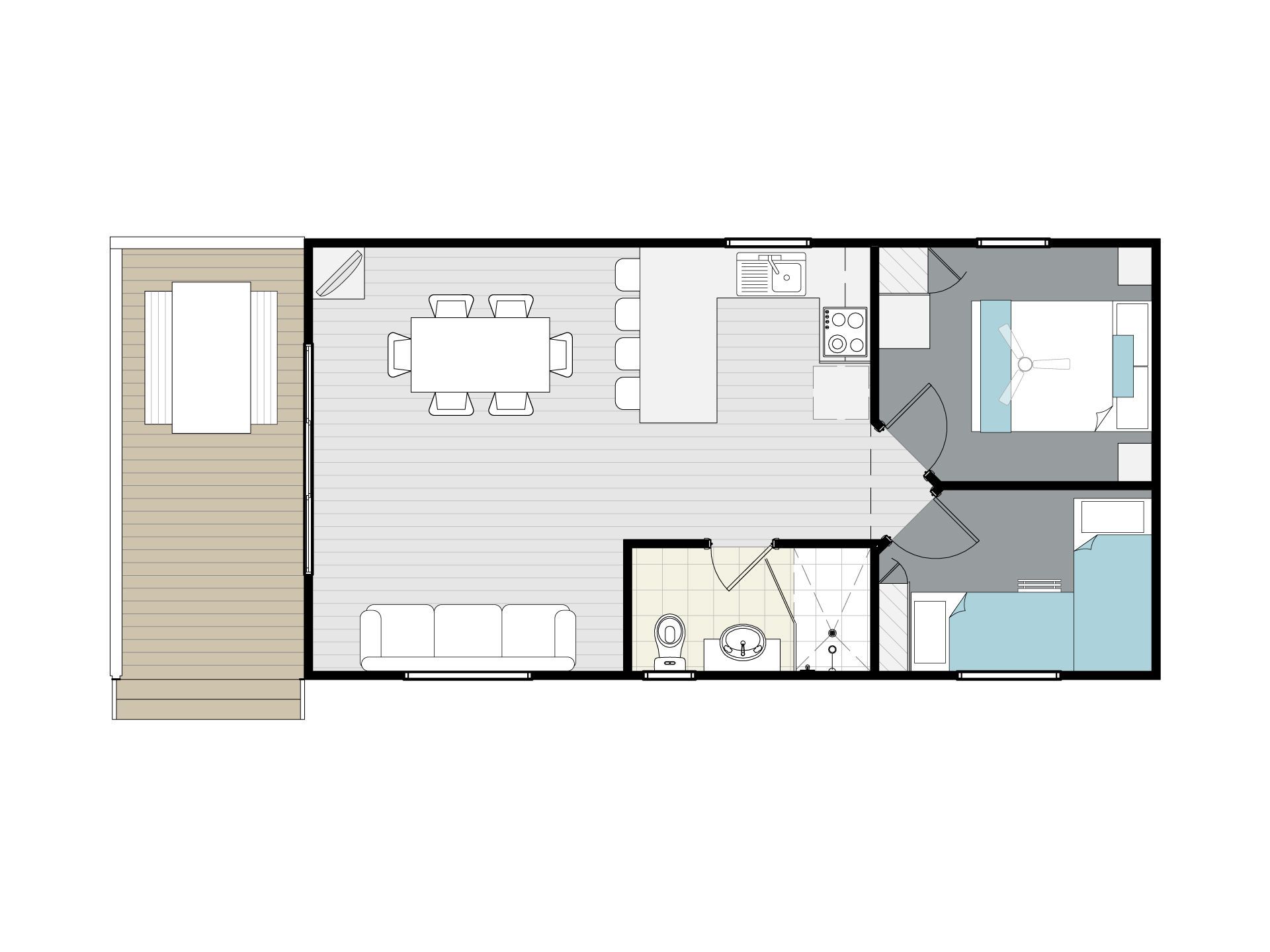 a floor plan of Apex Riverbeach Holiday Park cabin with beds , couch , table and chairs , kitchen , ensuite bathroom , outdoor dining , deck , television , fans