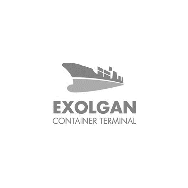 El logotipo de Exolgan Container Terminal presenta la silueta gris de un buque portacontenedores sobre el texto en mayúsculas.