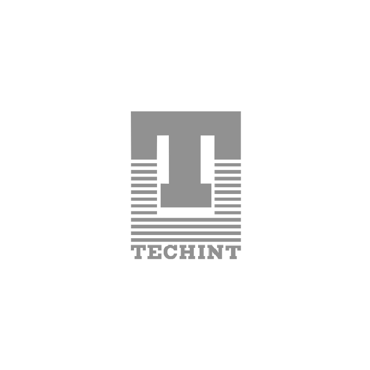 Un logotipo con la letra T en color gris sobre líneas horizontales y la palabra TECHINT en una fuente con serifa rectangular sobre un fondo blanco.
