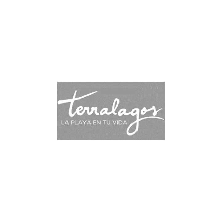 El logotipo de Terralagos presenta un texto cursivo blanco estilizado sobre un fondo rectangular gris, con el eslogan debajo.