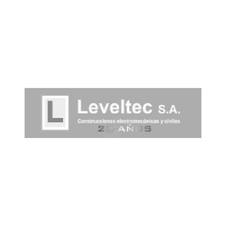 Logotipo de Leveltec SA que presenta la letra L en un cuadrado blanco y el texto 