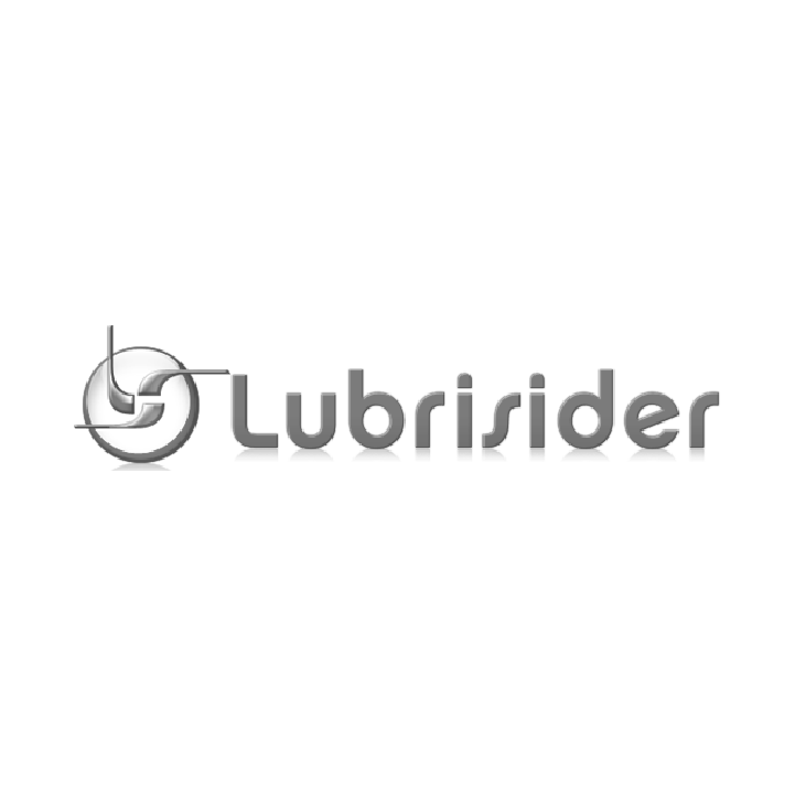 El logotipo de Lubrisider, que presenta un icono circular con líneas curvas a la izquierda del texto, todo ello en un degradado gris metalizado.