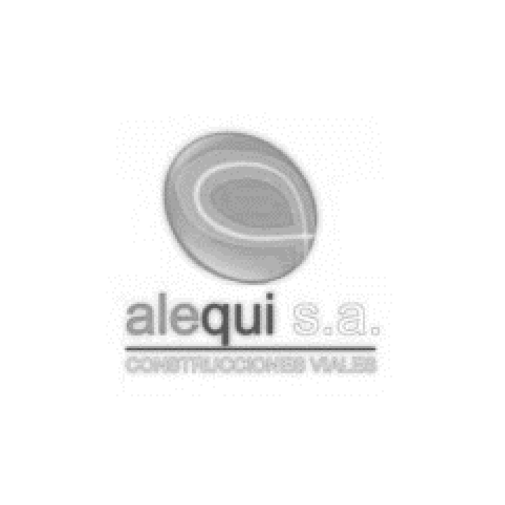 Logotipo de Alequi SA Construcciones Viales que presenta un icono ovalado con forma de guijarro sobre el nombre de la empresa.