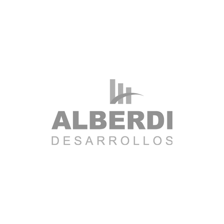 Logotipo de Alberdi Desarrollos que presenta un gráfico abstracto de un edificio en color gris sobre el texto en letras grises en negrita.