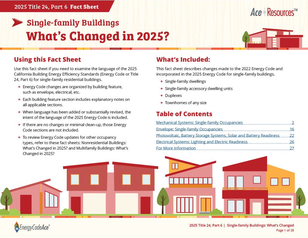 Fact sheet on 2025 changes for single-family buildings. Includes table of contents, colorful house illustrations.