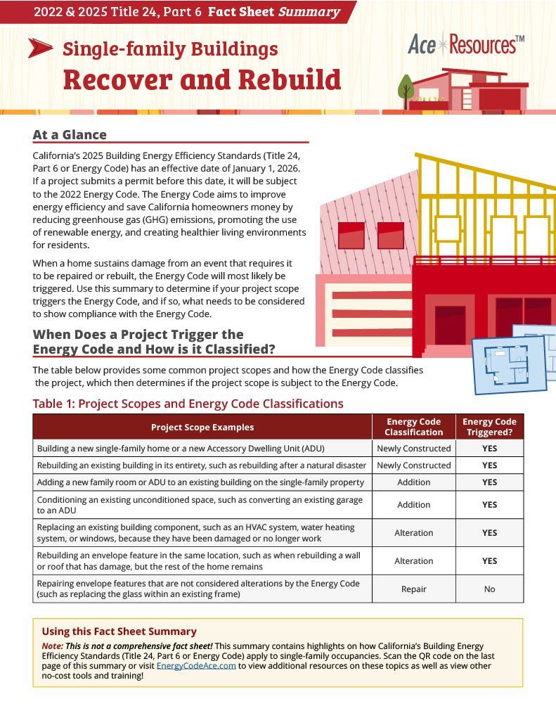 Infographic on single-family buildings, recovery, and rebuilding with a table and architectural illustrations.