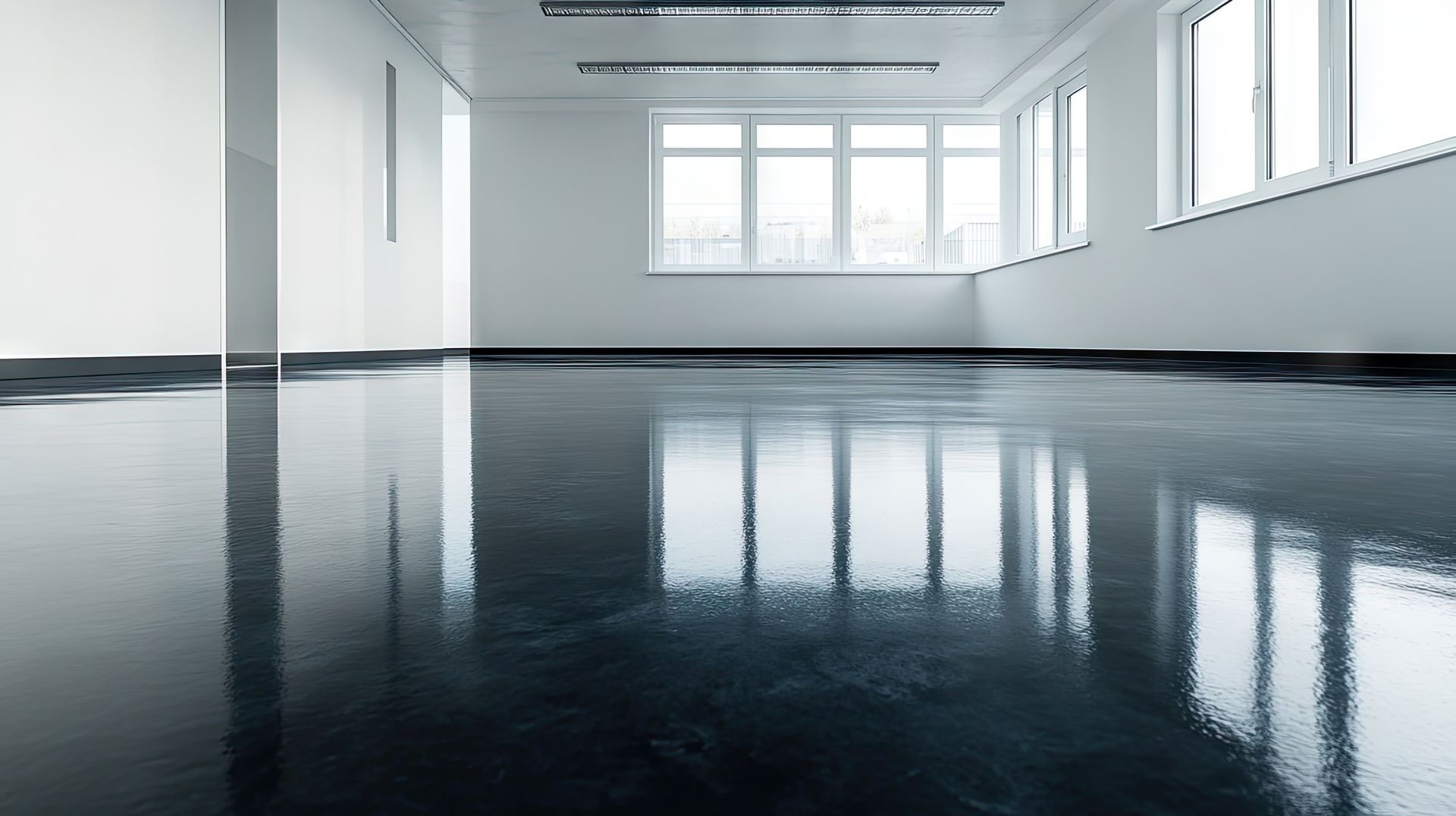 Une grande pièce vide avec un sol en béton brillant et des fenêtres.