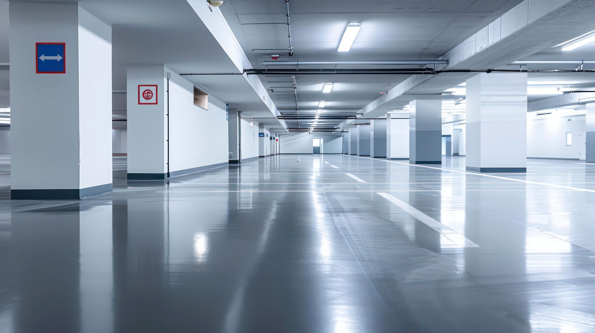 Un parking souterrain vide avec des sols et des colonnes en béton.