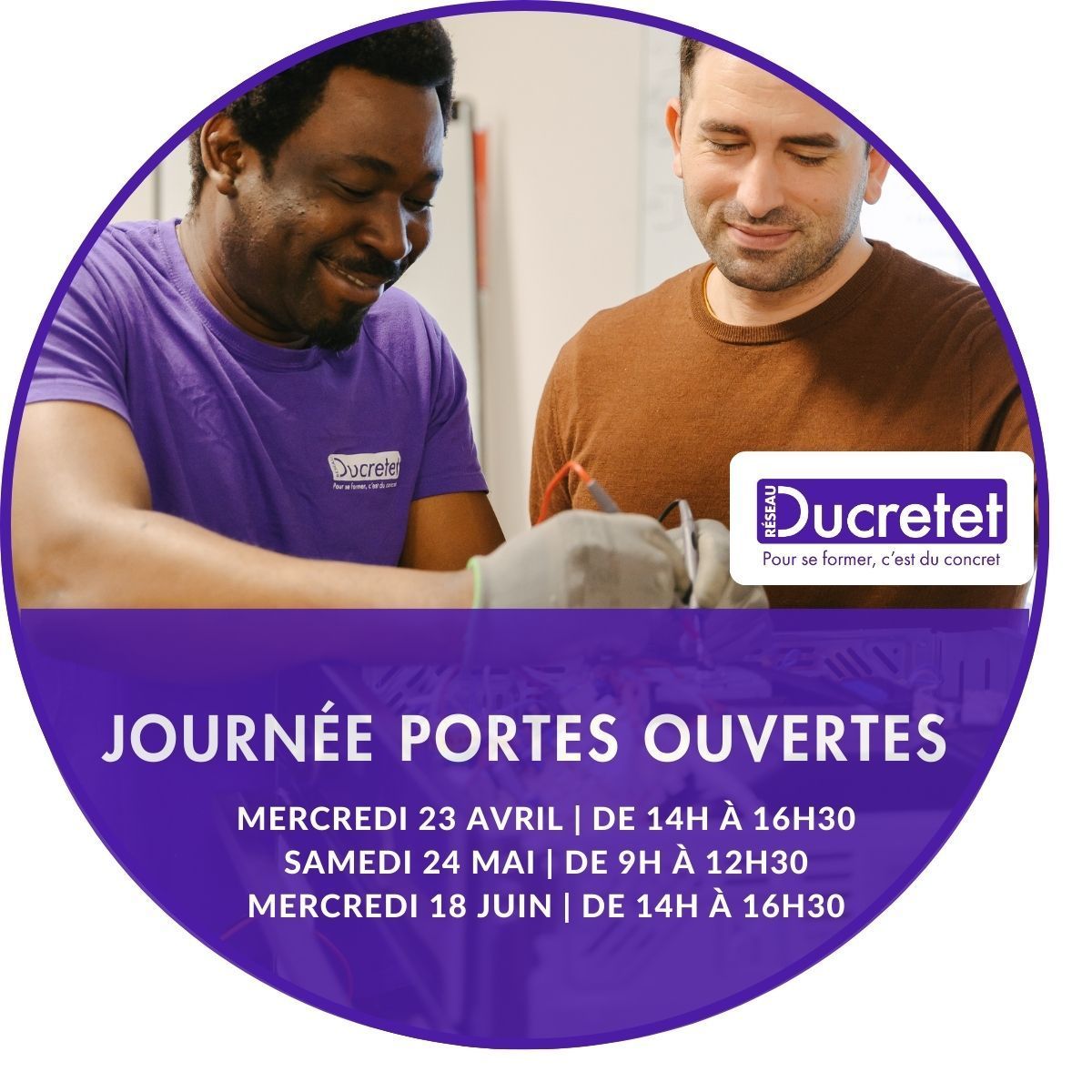Un cercle violet avec les mots journée portes ouvertes dessus