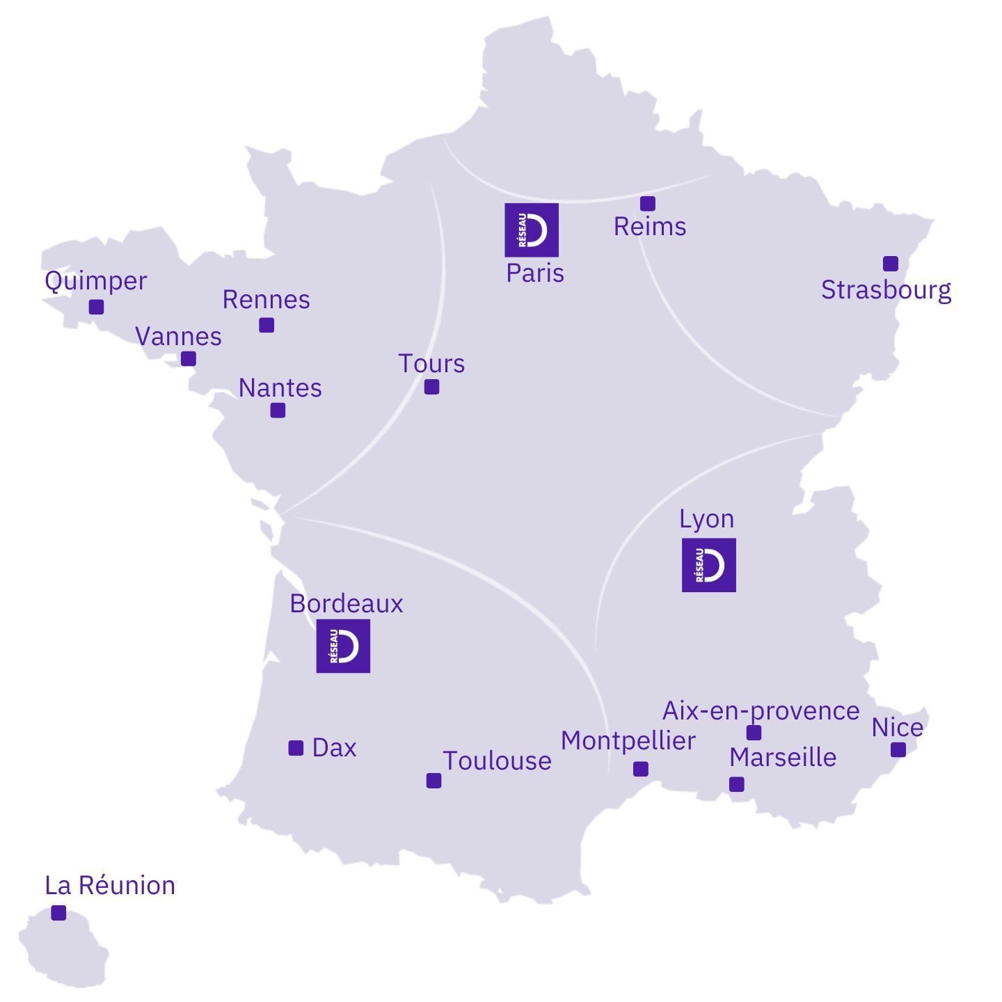 Carte de la France avec tous les campus du CFA Ducretet