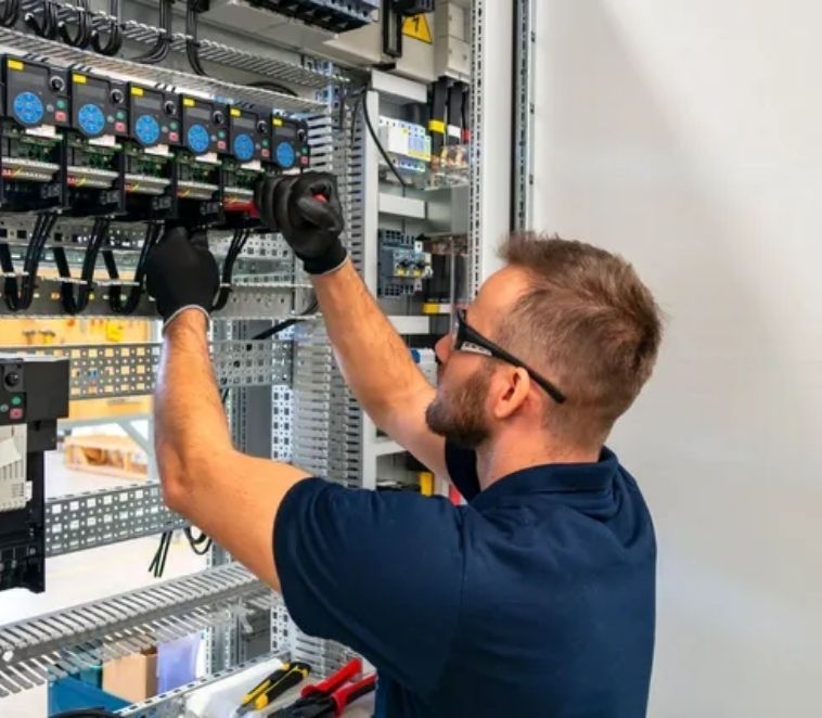 Électricien travaillant sur un tableau électrique, portant des gants et des lunettes de sécurité.