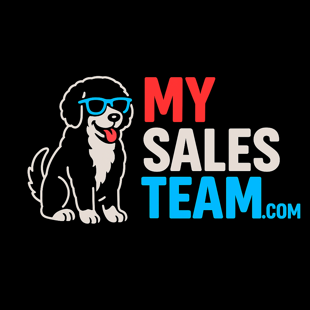 Logo featuring a dog wearing blue sunglasses next to the text "MY SALES TEAM.COM" in red, white, and blue.