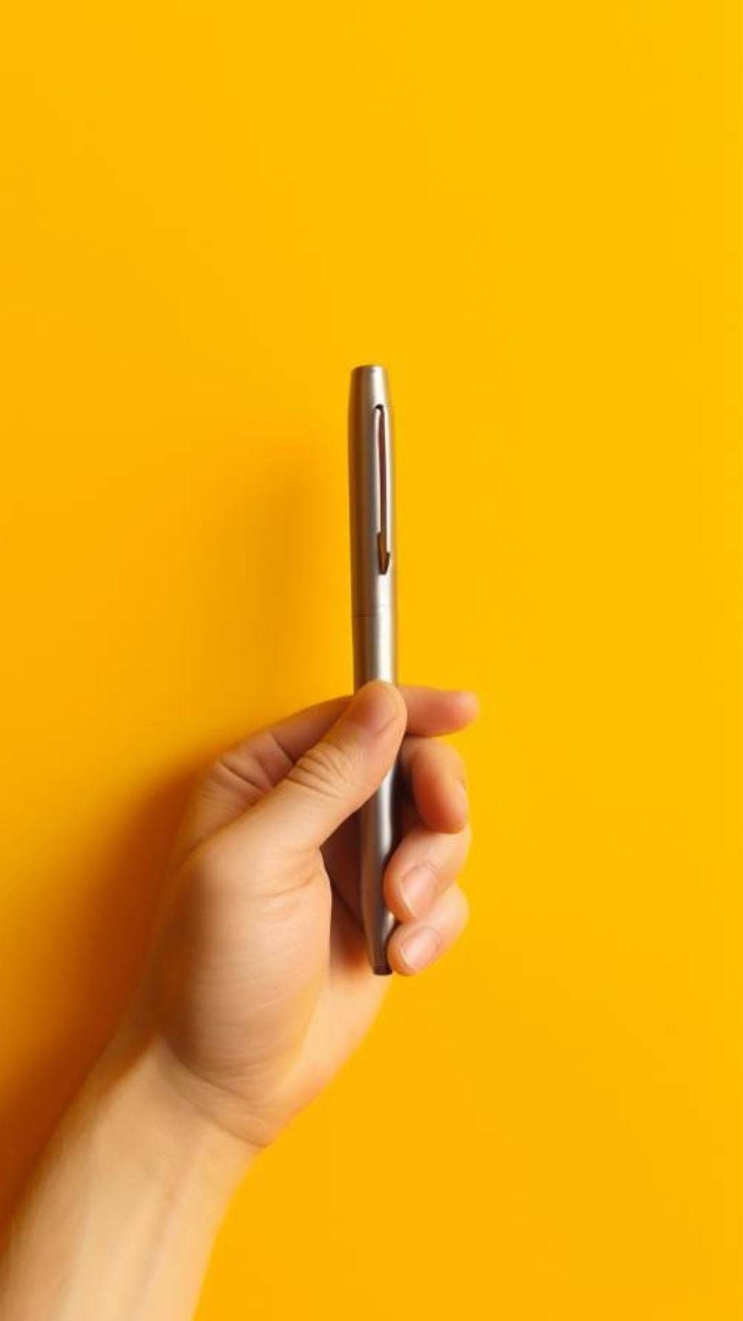 A hand holding a pen against a yellow background, illustrating the concept of writing, creativity, or productivity.
