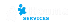 Logo voor Heuma Services met een blauwe abstracte figuur die een doos vasthoudt, met de tekst 