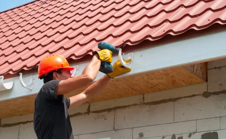 A man is installing a gutter on the roof of a house.