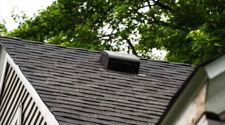 A roof with a vent on it and trees in the background.