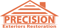 The logo for precision exteriors restoration shows a house with a roof.