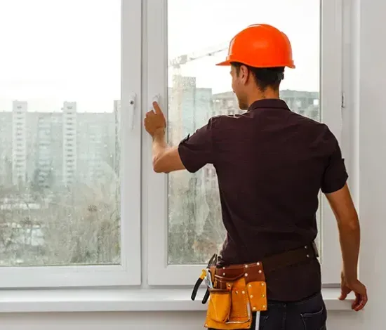 A man wearing a hard hat is installing a window.