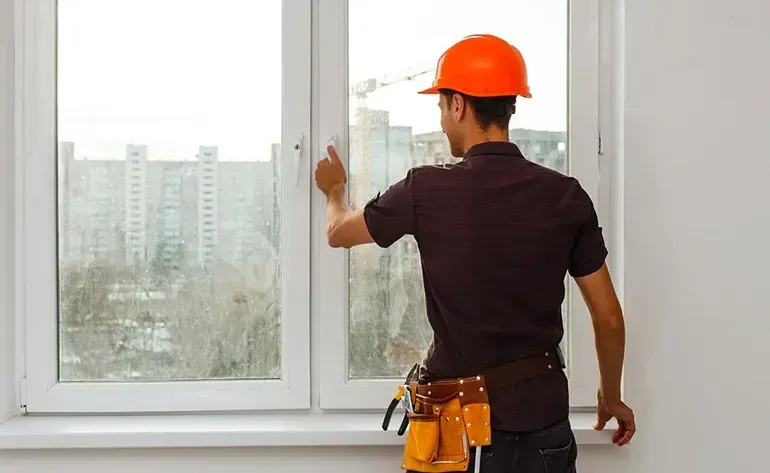 A man wearing a hard hat is looking out of a window.