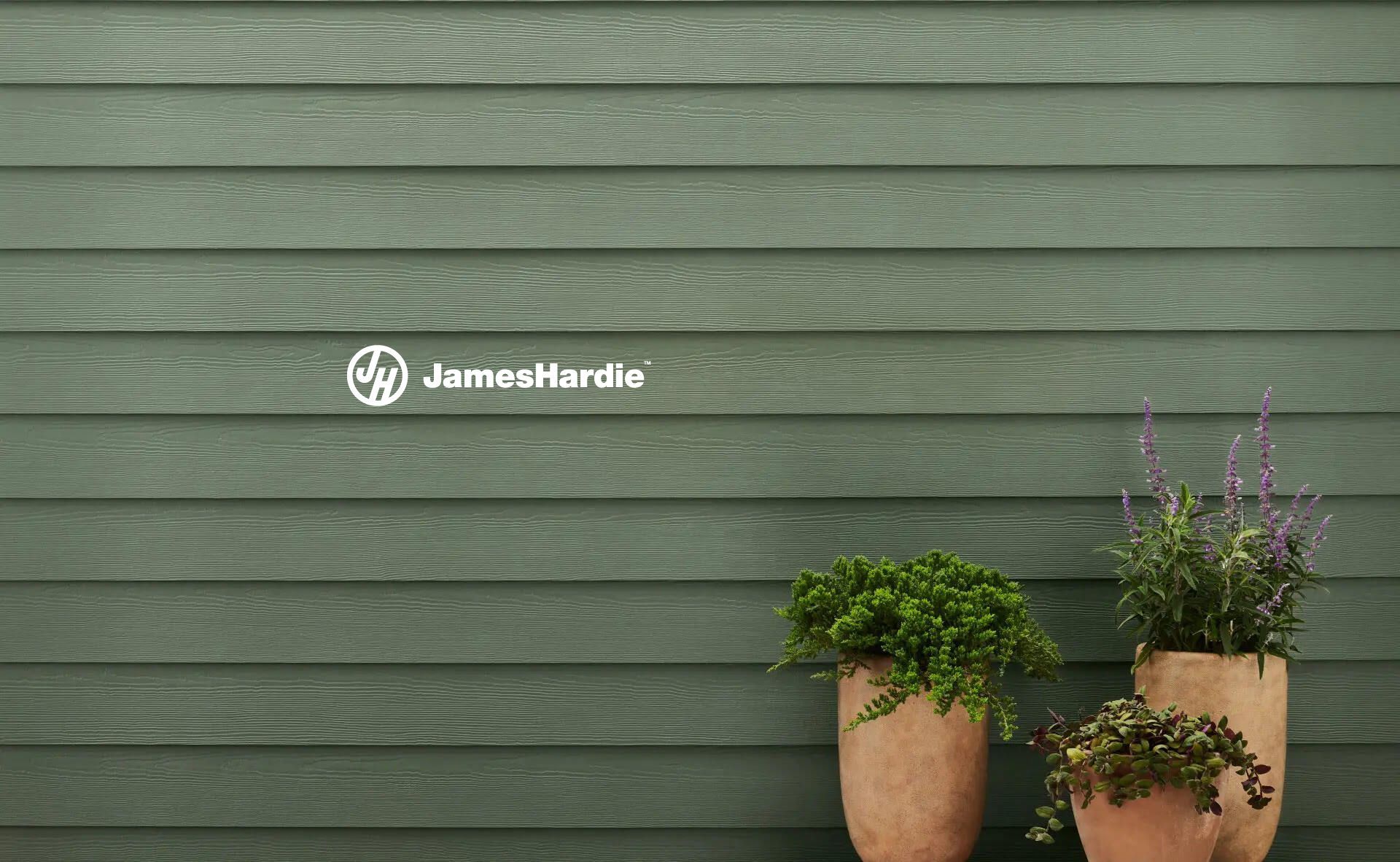 Three potted plants are sitting in front of a green siding wall.