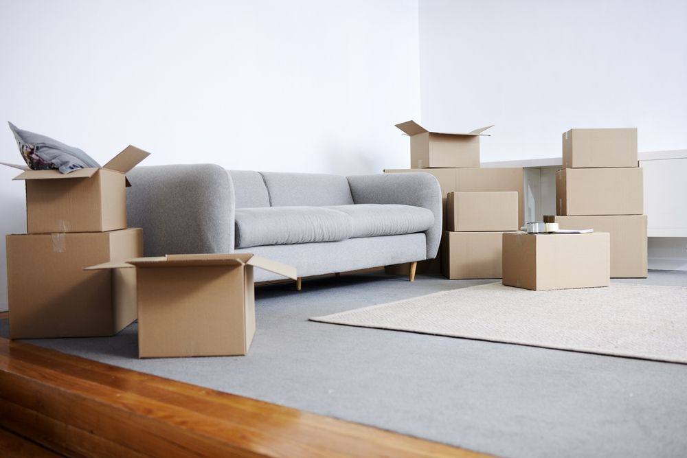 A living room filled with cardboard boxes and a couch.